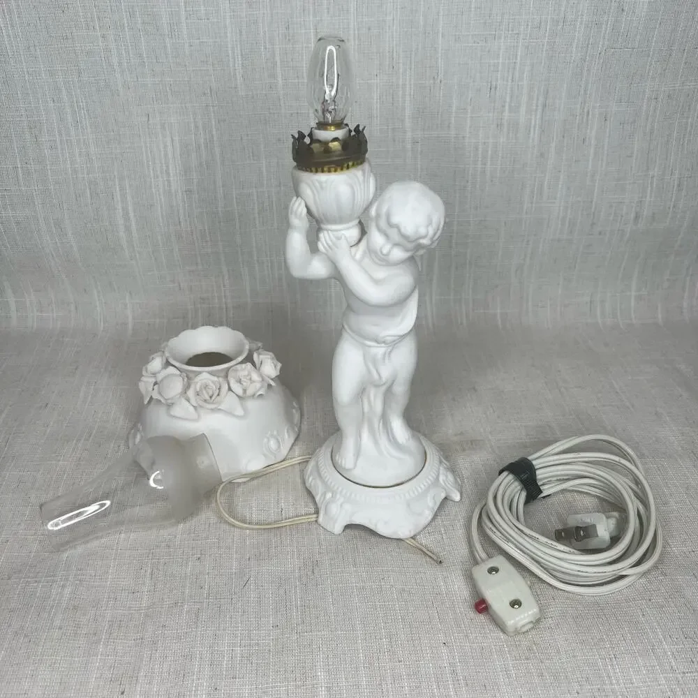 Vintage Porcelain Bisque Nightlight Lamp Shade Boudoir Glass Chimney AS IS